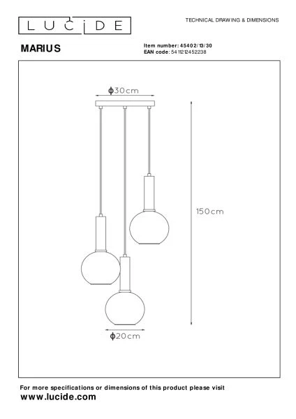 Lucide MARIUS - Pendelleuchten - Ø 48,5 cm - 3xE27 - Schwarz - TECHNISCH